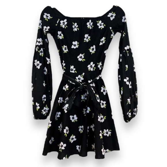 Caroline Constas Black Floral Belted Off-the-Shoulder Long Sleeve Mini Dress XS - Picture 1 of 10